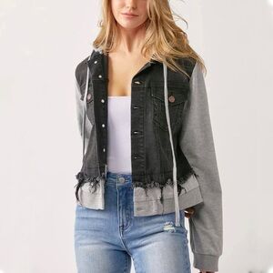 Risen Layered Denim Jacket Removable Hood Womens 2XL Black Distressed Gray Terry